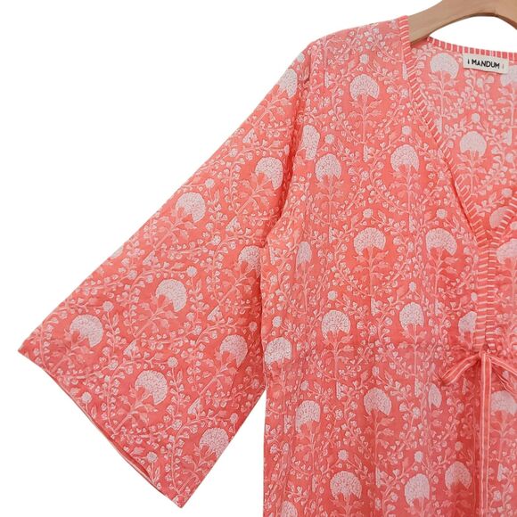 Mandum Maxi Dress Womens Medium Orange Floral Side Slit V-Neck Cotton Bohemian - Picture 4 of 12